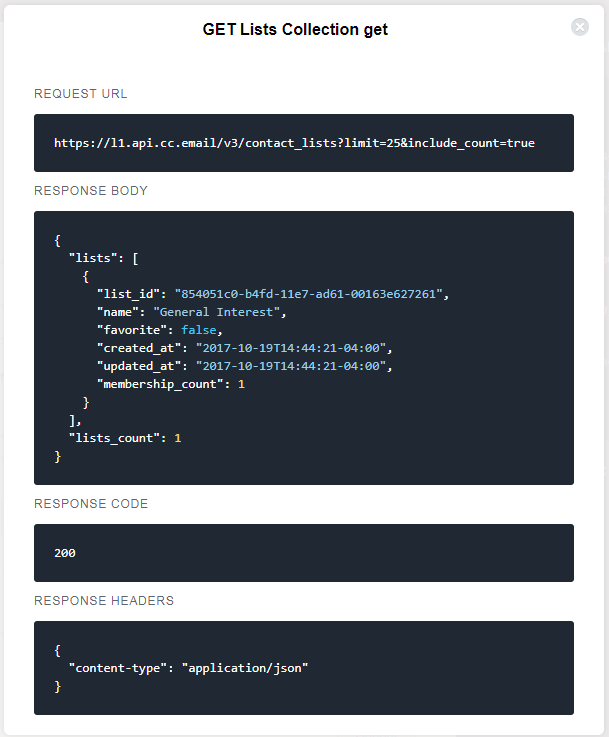 API Tester call results panel